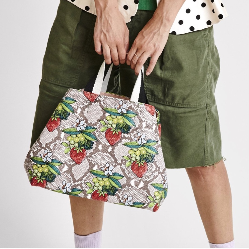 Clare V strawberry and grape print snakeskin tote.